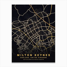 Milton Keynes England Black And Gold Map Canvas Print