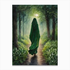 Green Witch of The Forest ~ Witchy Art Cloaked Woman Hurries Through The Woods on a Full Moon, Spring Goddess Watercolour Wheel of The Year, Witches Art Prints, Fairytale Painting, Lunar Moon Lover, Bridget Ostara Lily of The Valley, Mysterious Enchanted Forest, Witchcore Canvas Print