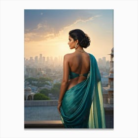 Confident Indian Businesswoman Strides Forward Draped In A Modern Saree That Boasts A Fusion Of Tra Canvas Print