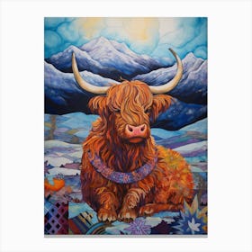 Patchwork Colourful Highland Cow Illustration With The Mountains Canvas Print