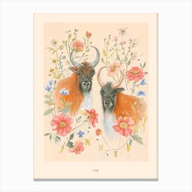 Folksy Floral Animal Drawing Yak 3 Poster Canvas Print