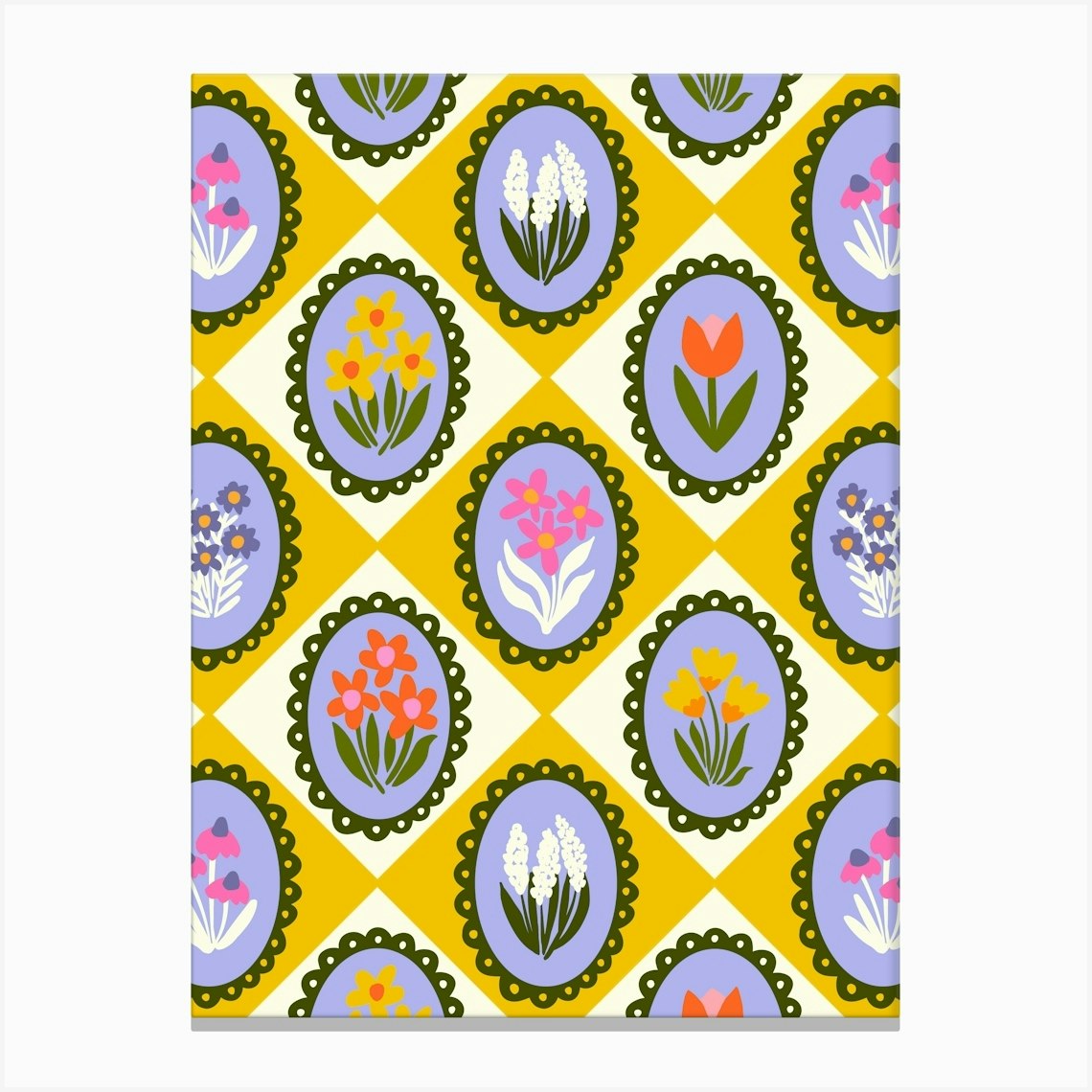 Vintage Style Flower Frames Yellow and White Diamond Harlequin Canvas Print by Sandra Hutter Designs