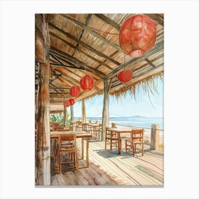 Watercolor Painting Of The Interior Of An Old Wooden Seaside Restaurant Canvas Print