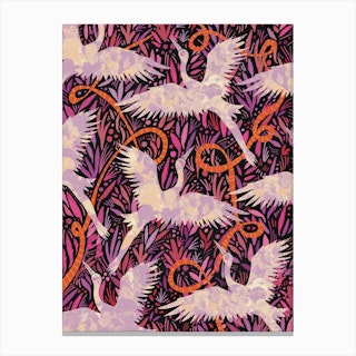 Purple Cranes Floral Pattern Canvas Print