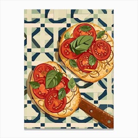 Bruscetta, Tomato & Basil On A Tiled Background 1 Canvas Print