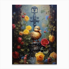 Duckling In The Fountain Floral Painting 2 Canvas Print