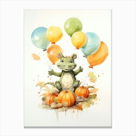Alligator Flying With Autumn Fall Pumpkins And Balloons Watercolour Nursery 3 Canvas Print