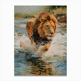 Barbary Lion Crossing A River Acrylic Painting 3 Canvas Print
