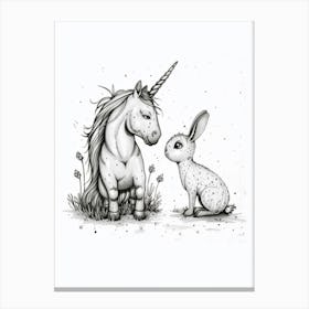 Unicorn And Bunny Friends Black And White Doodle 2 Canvas Print
