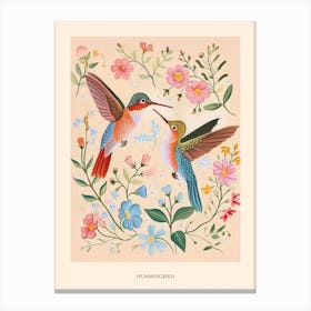 Folksy Floral Animal Drawing Hummingbird Poster Canvas Print