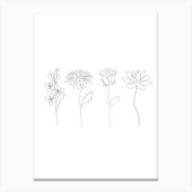 Four Flowers, Botanical, Line Art, Wall Print Canvas Print