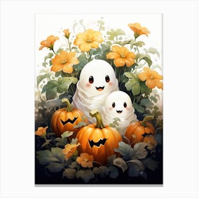Cute Bedsheet Ghost, Botanical Halloween Watercolour 108 Canvas Print