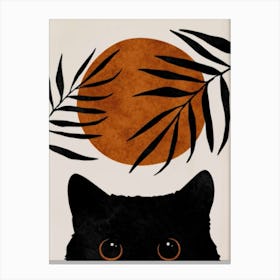 Black Cat With Leaves Canvas Print