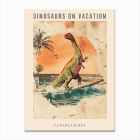 Vintage Camarasaurus Dinosaur On A Surf Board 2 Poster Canvas Print