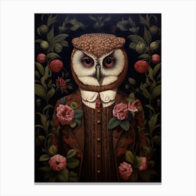 Owl Portrait With Rustic Flowers 2 Canvas Print