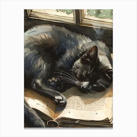 Black Cat Sleeping On A Book Canvas Print