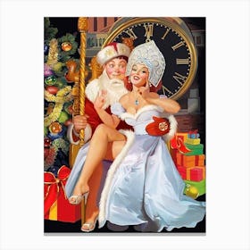 Pinup Sexy Girl And A Lucky Boy In Santa Claus Costume Posing Together Canvas Print