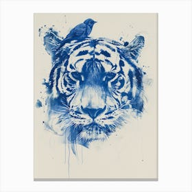 Small Joyful Tiger With A Bird On Its Head 8 Canvas Print