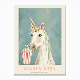Cute Pastel Unicorn Eating Popcorn Blue Background 4 Poster Canvas Print