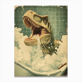 Dinosaur In The Bubble Bath Retro Collage 3 Canvas Print