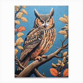 Vintage Bird Linocut Great Horned Owl 3 Canvas Print
