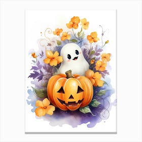 Cute Ghost With Pumpkins Halloween Watercolour 143 Canvas Print