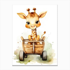 Baby Giraffe On Toy Car, Watercolour Nursery 0 Canvas Print