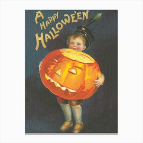 Happy Halloween, Little Boy With A Big Orange Pumpkin Canvas Print