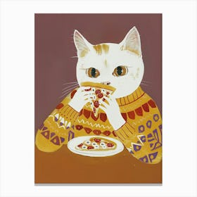 White Cat Pizza Lover Folk Illustration 4 Canvas Print