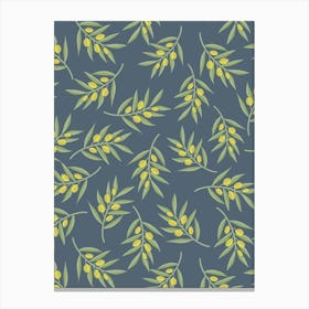 Scattered Olive Branches - Green Olives on Slate Blue Canvas Print