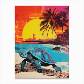 Sea Turtle On The Beach Risograph Inspired  2 Canvas Print