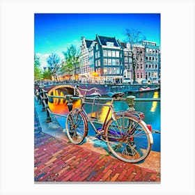 Bridge With Bicycle And Water Channel In Amsterdam At Night Canvas Print