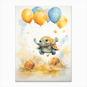 Turtle Flying With Autumn Fall Pumpkins And Balloons Watercolour Nursery 1 Canvas Print