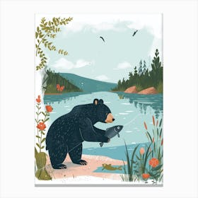 American Black Bear Catching Fish In A Tranquil Lake Storybook Illustration 4 Canvas Print