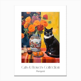 Cats & Flowers Collection Marigold Flower Vase And A Cat, A Painting In The Style Of Matisse 4 Canvas Print