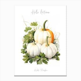 Hello Autumn White Pumpkin Watercolour Illustration 1 Canvas Print