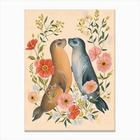 Folksy Floral Animal Drawing Seal 1 Canvas Print