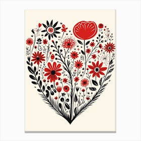 Heart Leaf Pattern Red & Black  3 Canvas Print