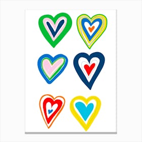 six colourful love hearts Canvas Print