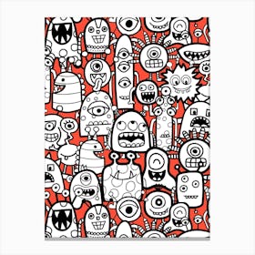 Cute Clusters of Monsters and Aliens Red, Black and White Kids Canvas Print