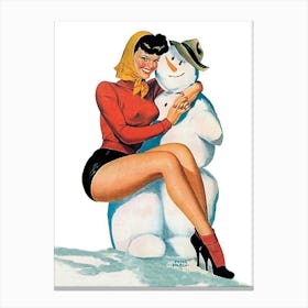 Sexy Pinup Girl Posing With Lucky Snowman Canvas Print