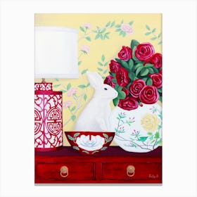 Rabbit And Roses In Chinoiserie Style Canvas Print