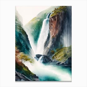 Nærøyfjord Waterfalls, Norway Water Colour  (1) Canvas Print