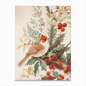 Cardinal Bird On Holly Plants Canvas Print