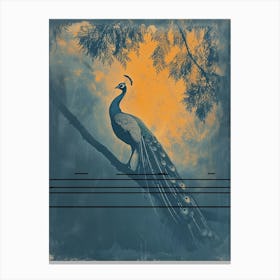 Vintage Orange & Navy Blue Peacock On A Tree Branch 4 Canvas Print