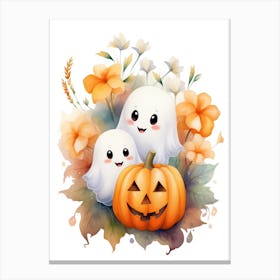 Cute Ghost With Pumpkins Halloween Watercolour 100 Canvas Print