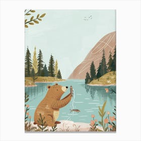 Sloth Bear Catching Fish In A Tranquil Lake Storybook Illustration 1 Canvas Print