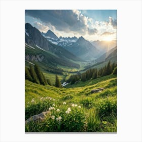 A Panoramic View Of A Dynamic Alpine Landscape Transitioning From Spring To Summer Featuring Idylli (3) Canvas Print