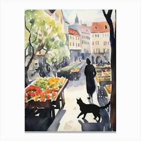 Food Market With Cats In Oslo 3 Watercolour Canvas Print
