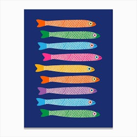 ANCHOVIES Retro Swimming Fish Horizontal in Rainbow Pink Purple Blue Orange Green Yellow on Royal Blue Canvas Print